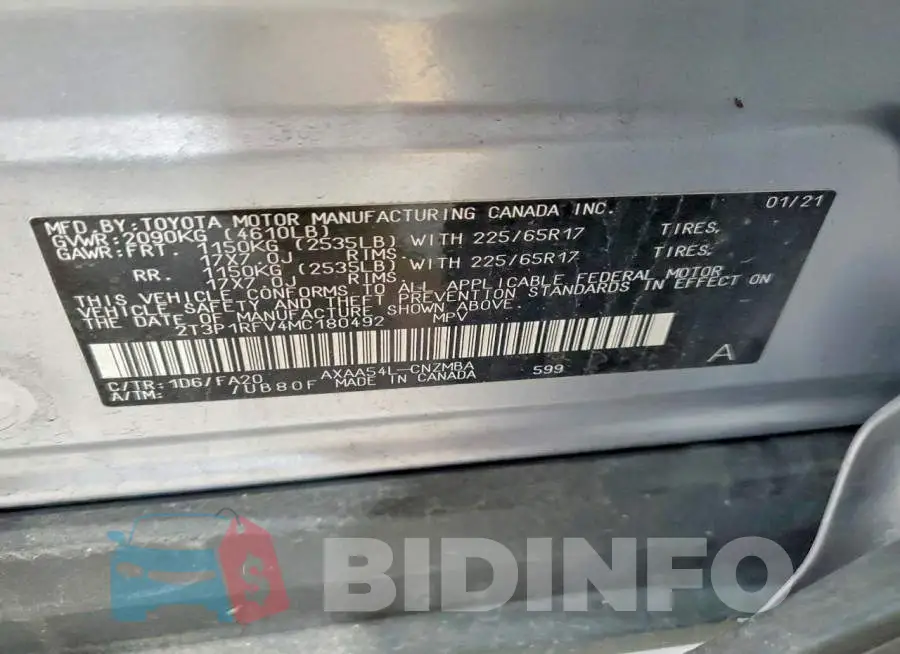 2T3P1RFV4MC180492 Photo# 14