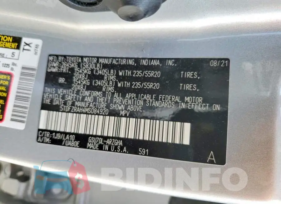 5TDFZRAH4MS084920 Photo# 13