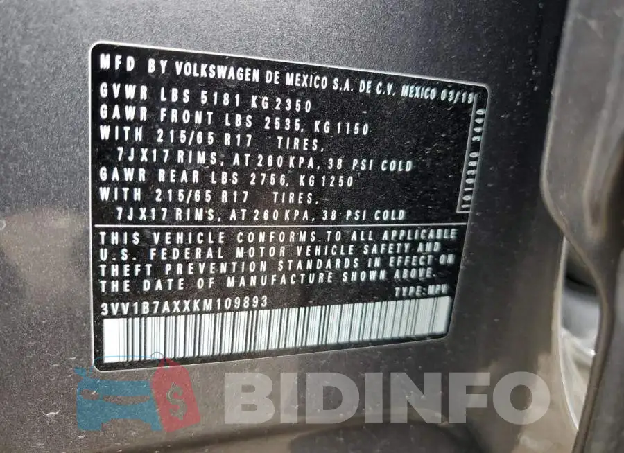 3VV1B7AXXKM109893 Photo# 13