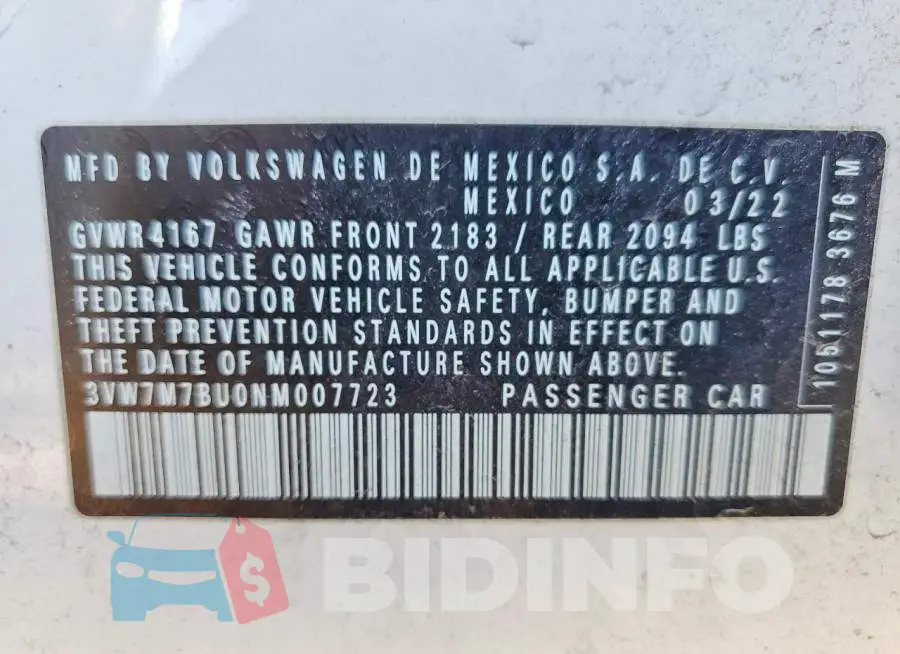 3VW7M7BU0NM007723 Photo# 12