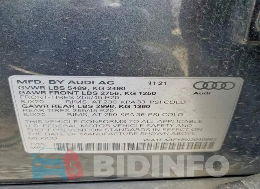 WA1EAAFY5N2040862 Photo# 13