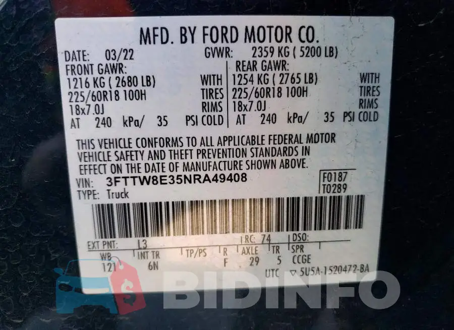 3FTTW8E35NRA49408 Photo# 12