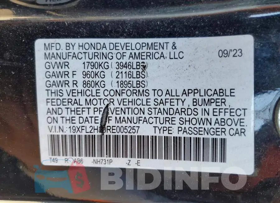 19XFL2H80RE005257 Photo# 12
