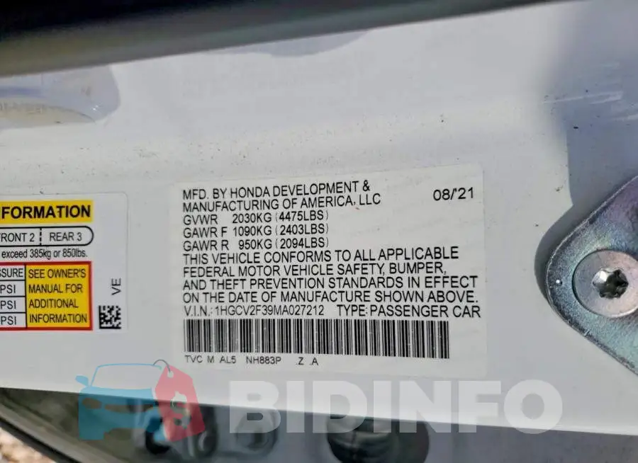 1HGCV2F39MA027212 Photo# 13
