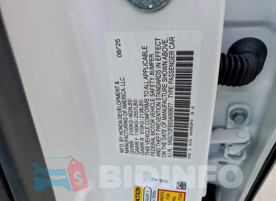 1HGCY2F8XSA069677 Photo# 12