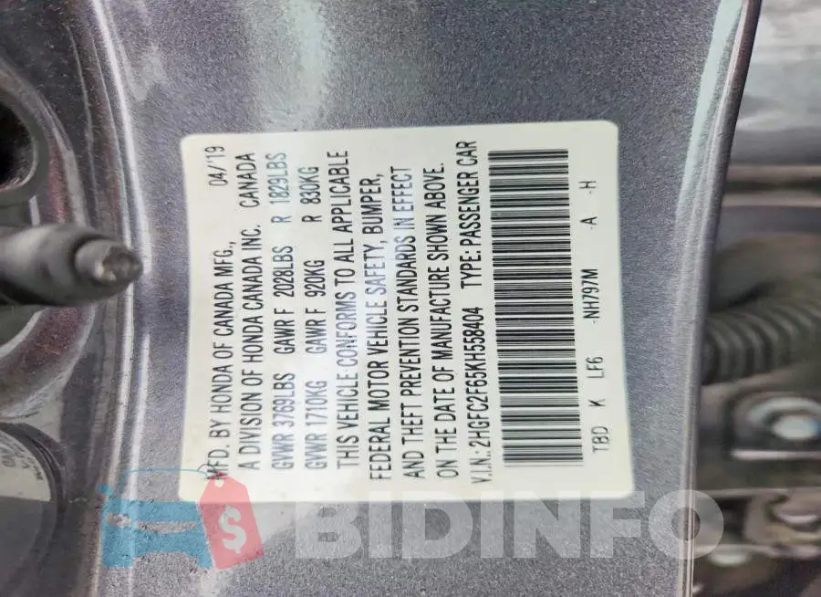 2HGFC2F65KH558404 Photo# 13