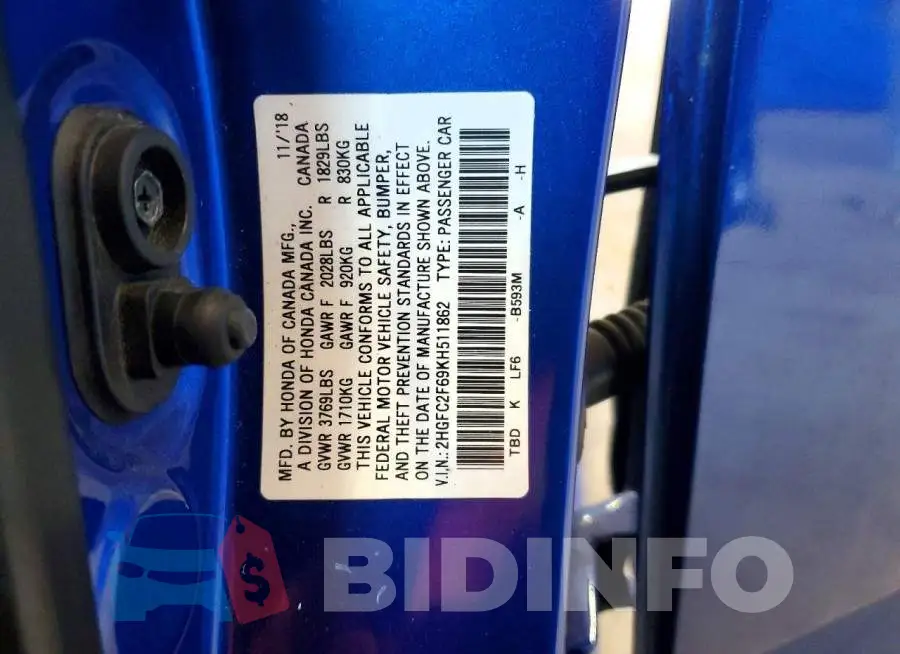 2HGFC2F69KH511862 Photo# 12