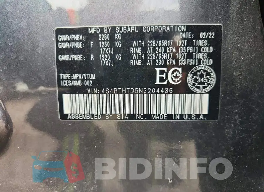 4S4BTHTD5N3204436 Photo# 13