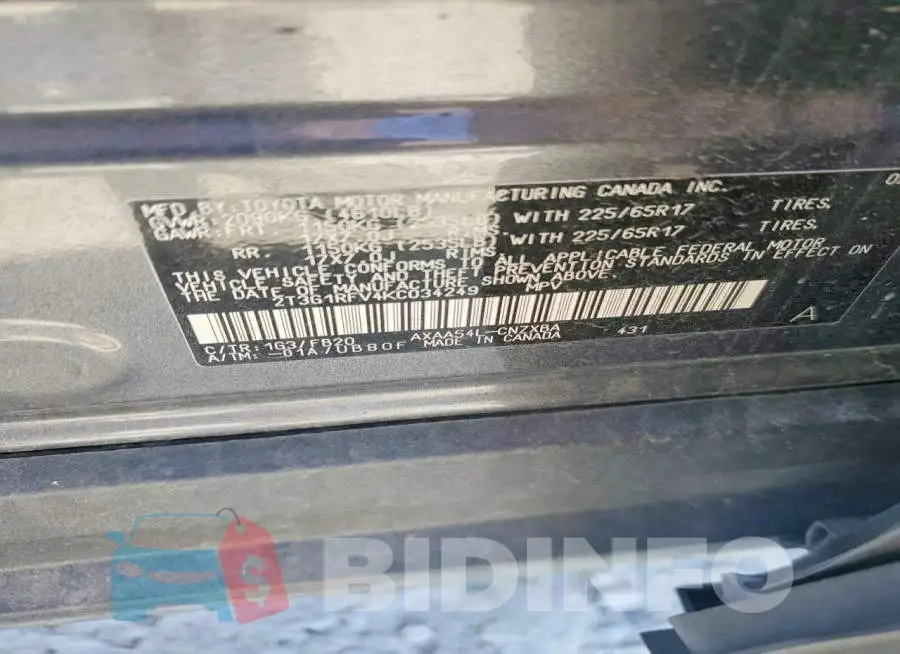 2T3G1RFV4KC034249 Photo# 13