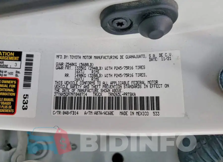 3TYAX5GN7NT040714 Photo# 12
