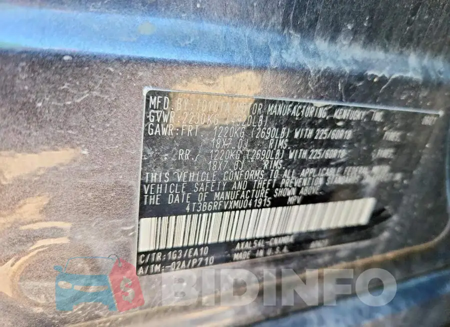 4T3B6RFVXMU041915 Photo# 12