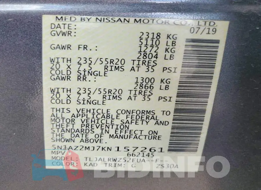 5N1AZ2MJ7KN157261 Photo# 13
