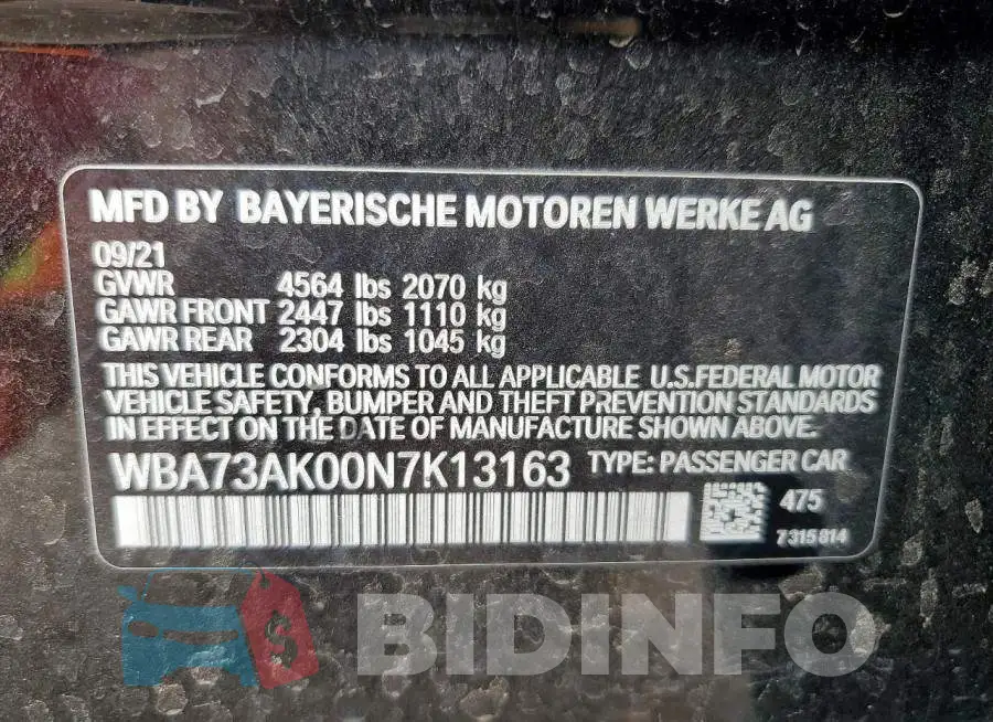WBA73AK00N7K13163 Photo# 12