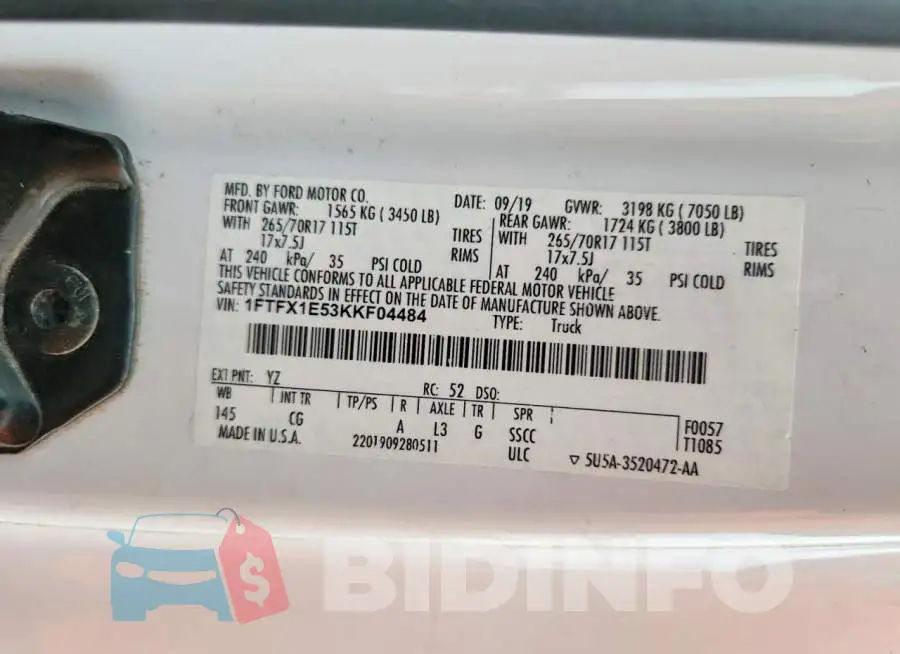 1FTFX1E53KKF04484 Photo# 12