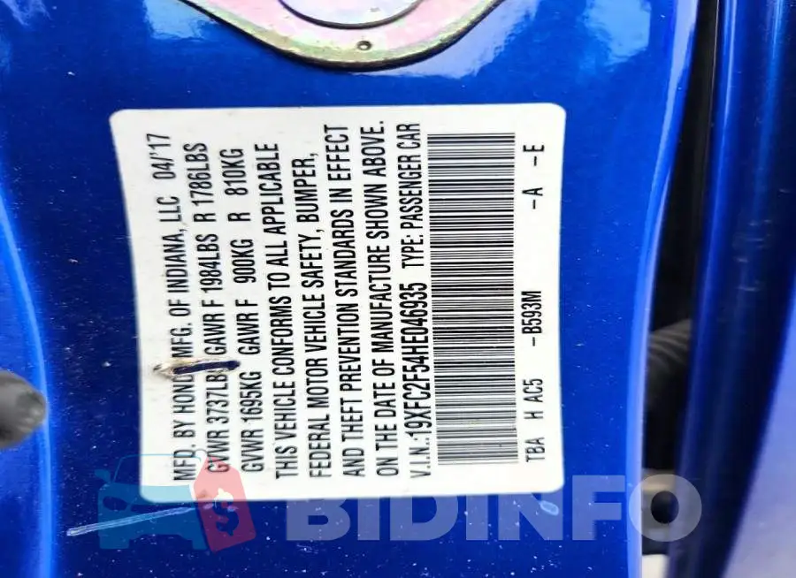 19XFC2F54HE046935 Photo# 12