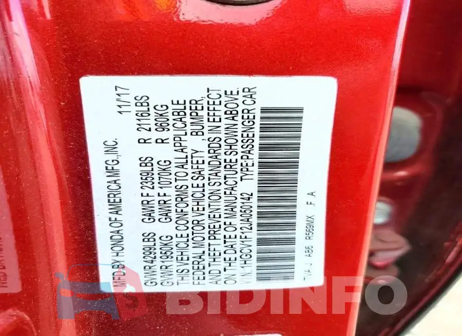1HGCV1F12JA050142 Photo# 12
