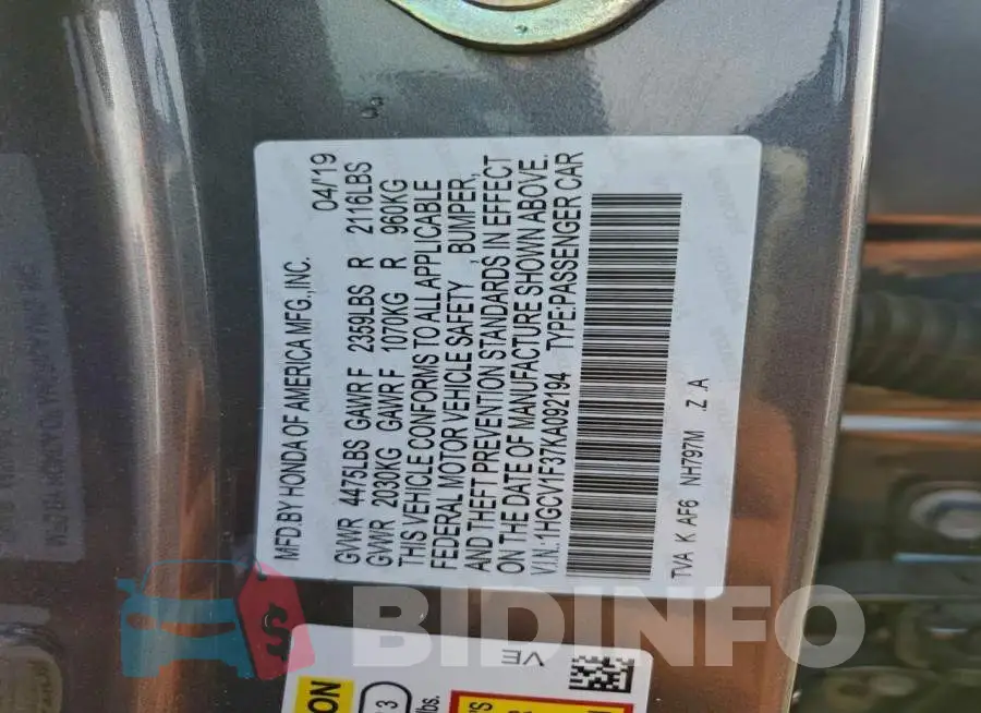 1HGCV1F37KA092194 Photo# 12