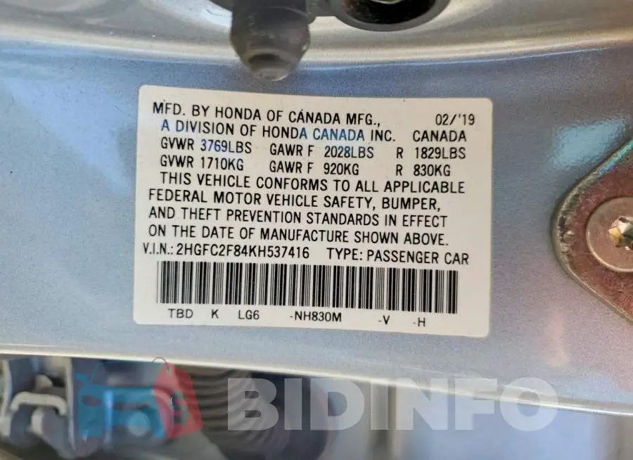 2HGFC2F84KH537416 Photo# 13