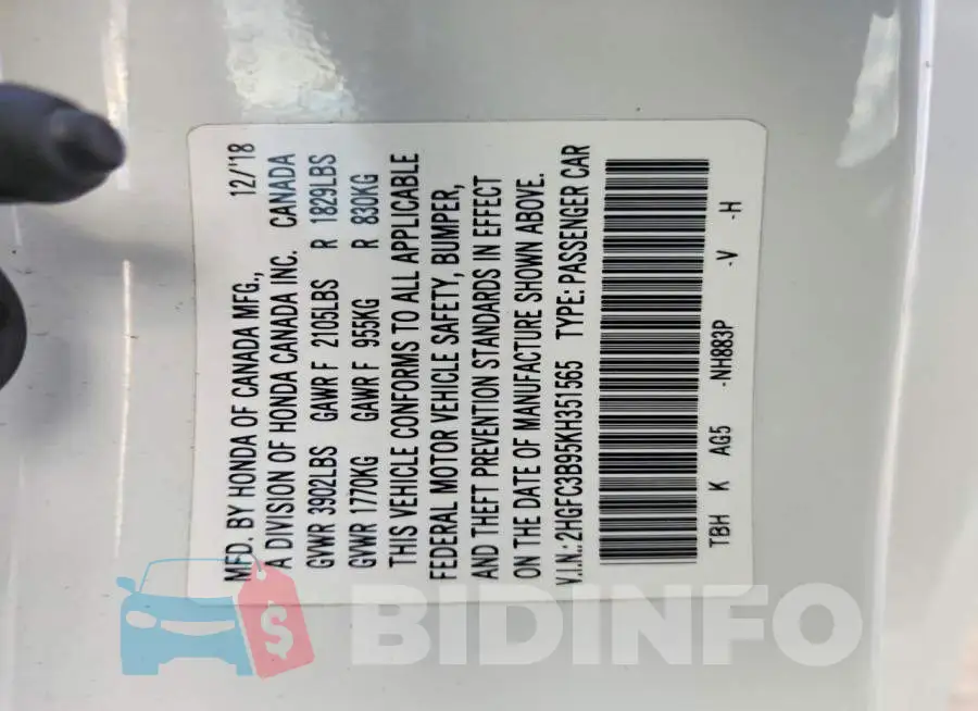 2HGFC3B95KH351565 Photo# 12