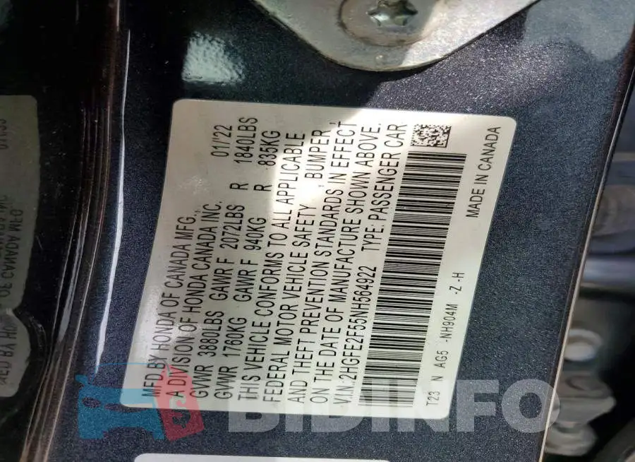 2HGFE2F55NH564922 Photo# 13