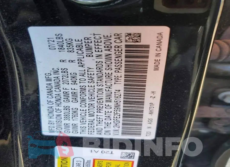 2HGFE2F59NH516274 Photo# 12