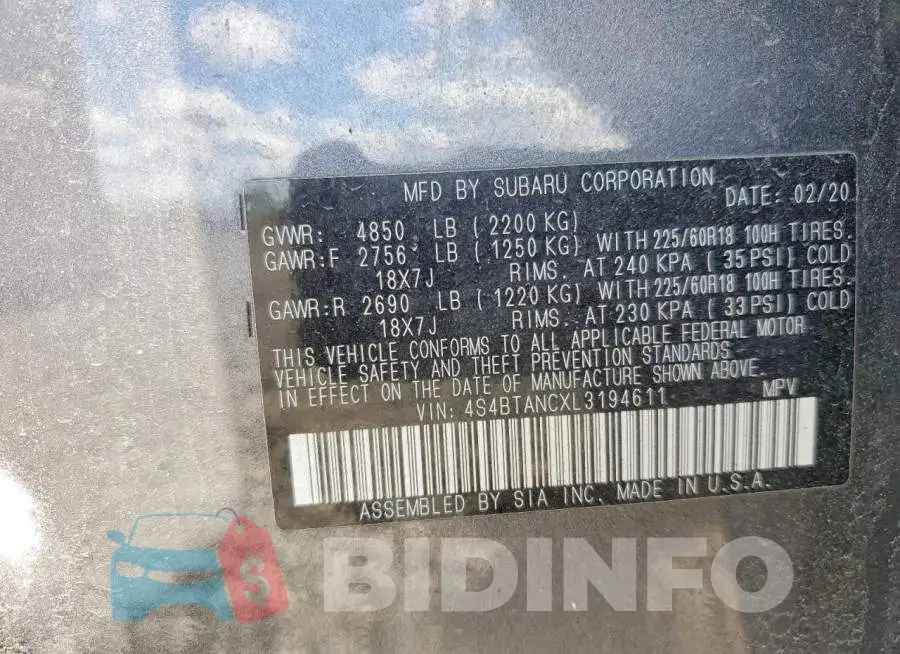4S4BTANCXL3194611 Photo# 12