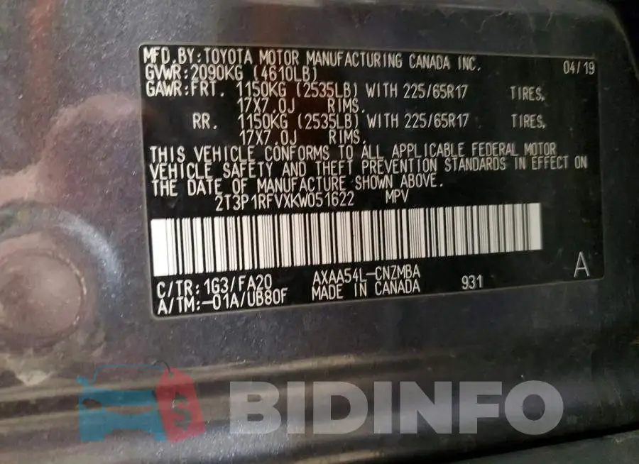 2T3P1RFVXKW051622 Photo# 14