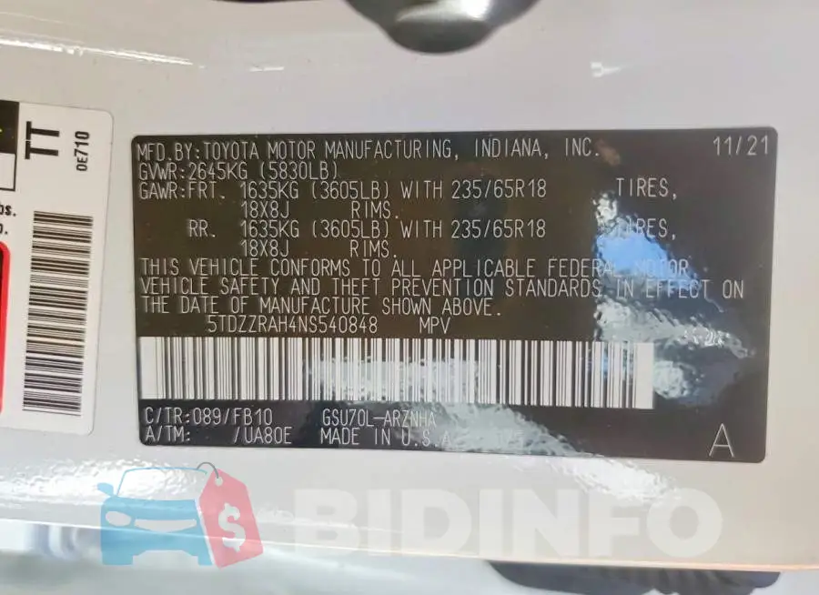 5TDZZRAH4NS540848 Photo# 14