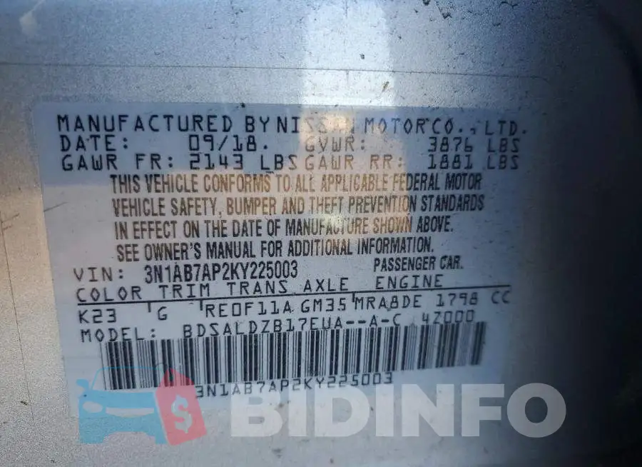 3N1AB7AP2KY225003 Photo# 12