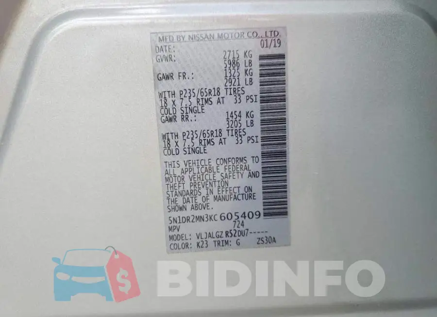 5N1DR2MN3KC605409 Photo# 13