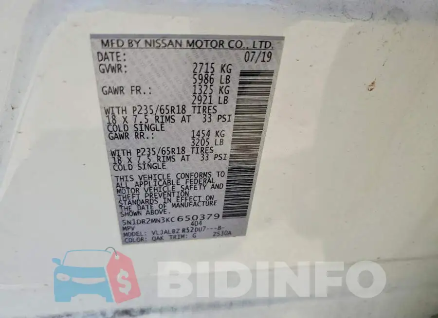 5N1DR2MN3KC650379 Photo# 13