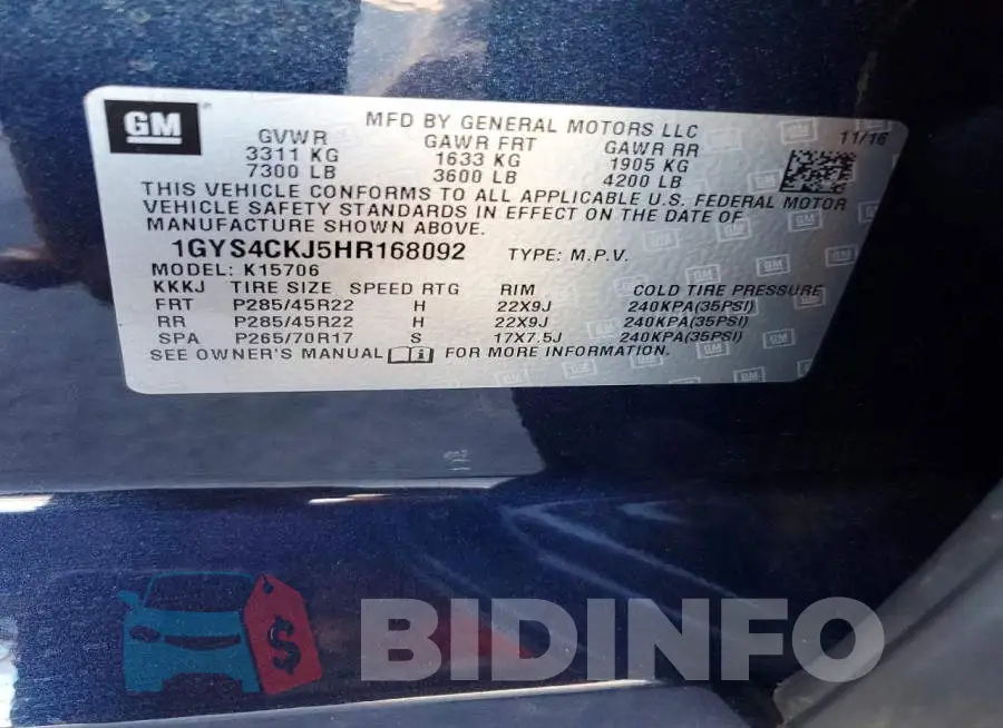 1GYS4CKJ5HR168092 Photo# 14