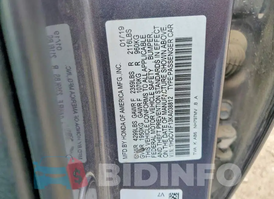 1HGCV1F13KA038812 Photo# 12