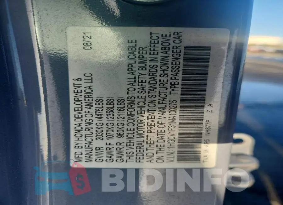 1HGCV1F31MA100275 Photo# 12