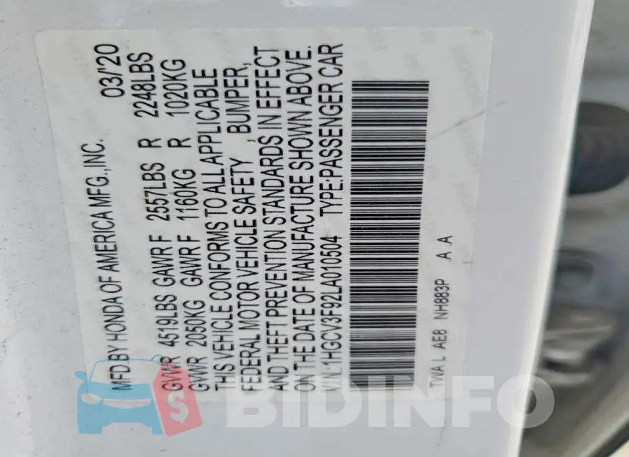 1HGCV3F92LA010504 Photo# 12