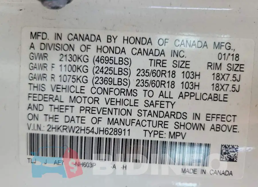 2HKRW2H54JH628911 Photo# 12