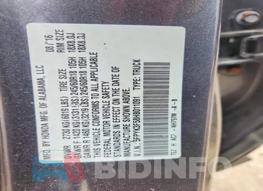 5FPYK3F58HB011091 Photo# 13