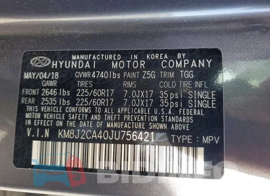 KM8J2CA40JU756421 Photo# 13
