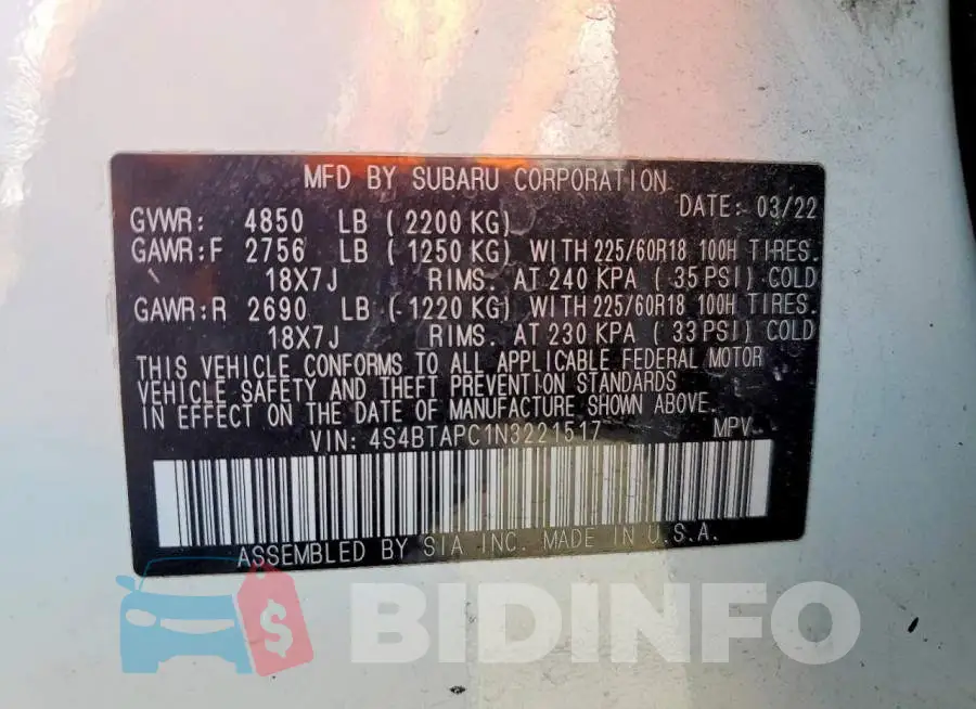 4S4BTAPC1N3221517 Photo# 12