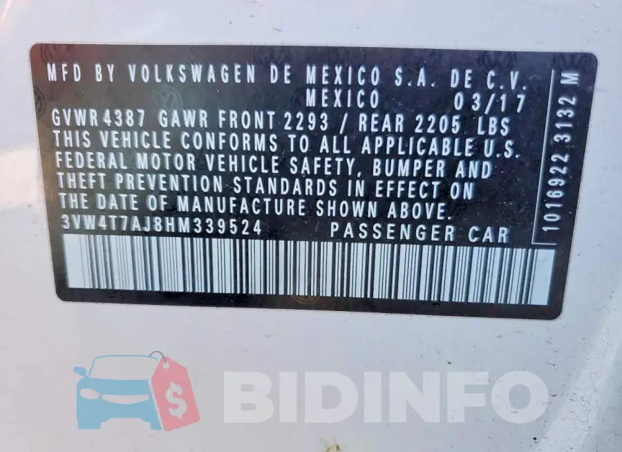 3VW4T7AJ8HM339524 Photo# 12