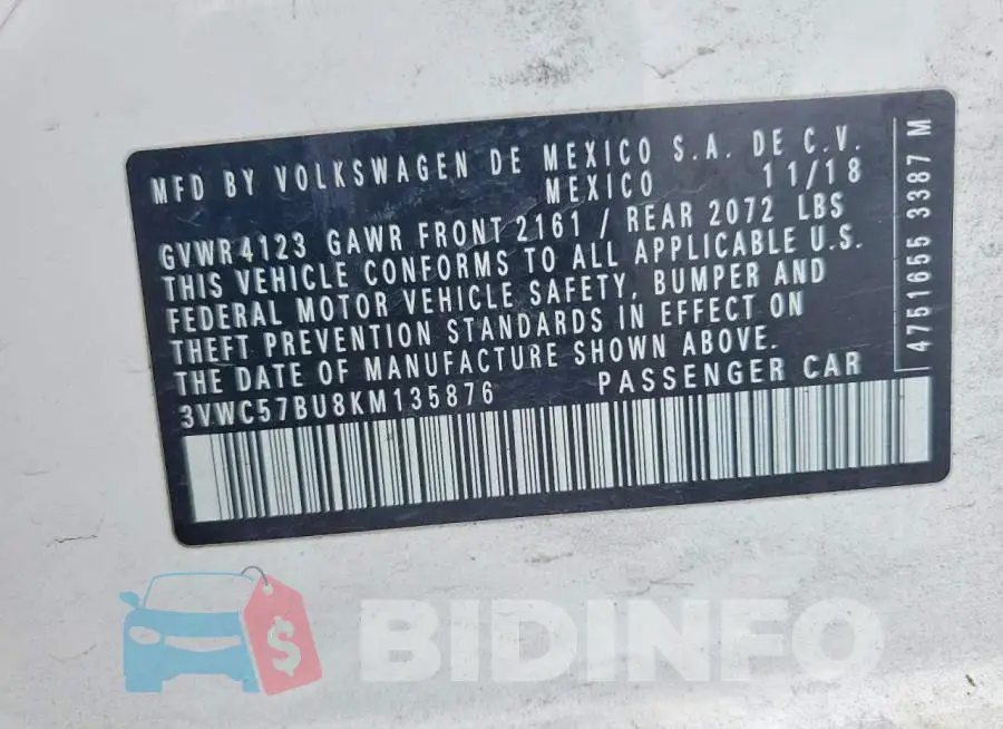 3VWC57BU8KM135876 Photo# 12