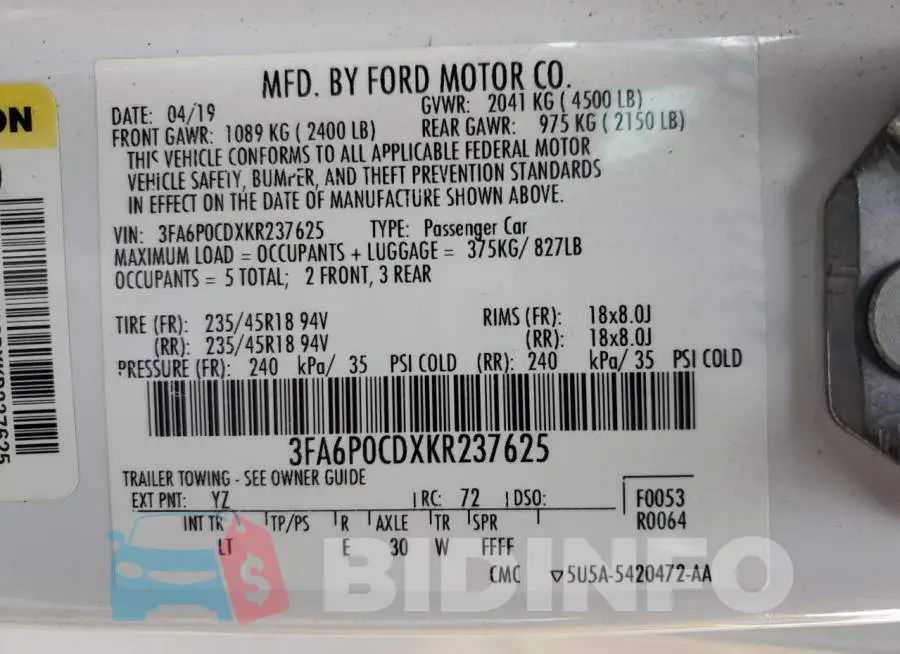 3FA6P0CDXKR237625 Photo# 12