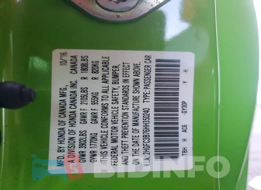 2HGFC3B76HH350240 Photo# 13