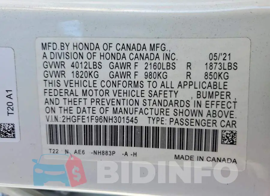 2HGFE1F96NH301545 Photo# 12