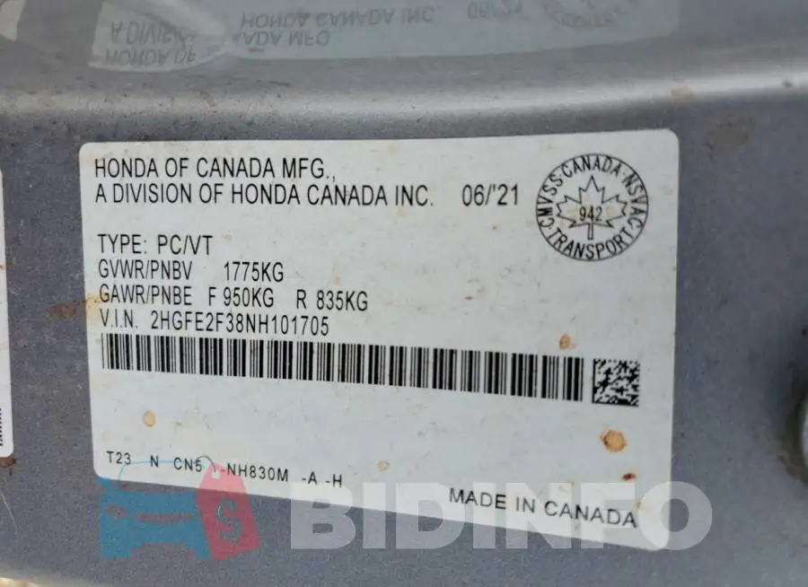2HGFE2F38NH101705 Photo# 12
