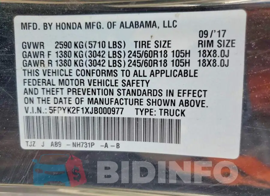 5FPYK2F1XJB000977 Photo# 12