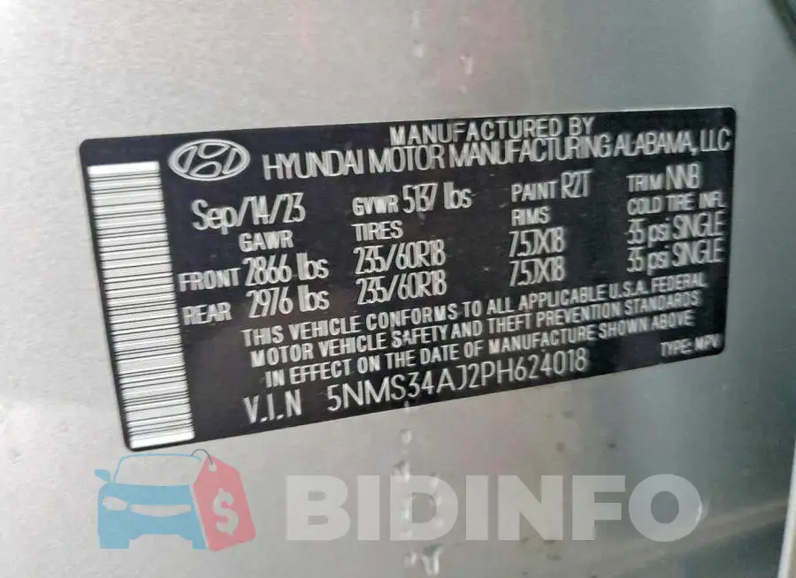 5NMS34AJ2PH624018 Photo# 12