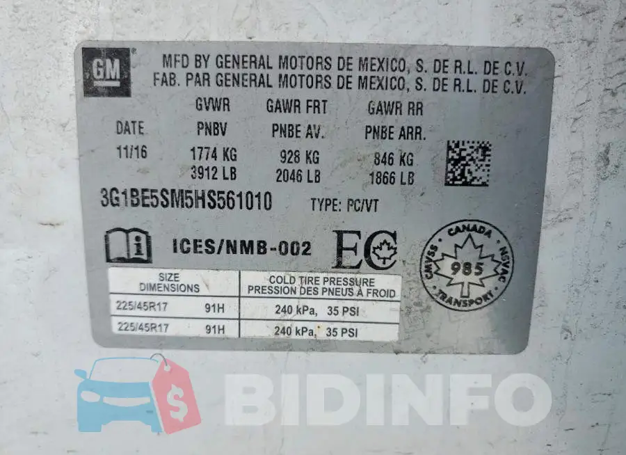 3G1BE5SM5HS561010 Photo# 13