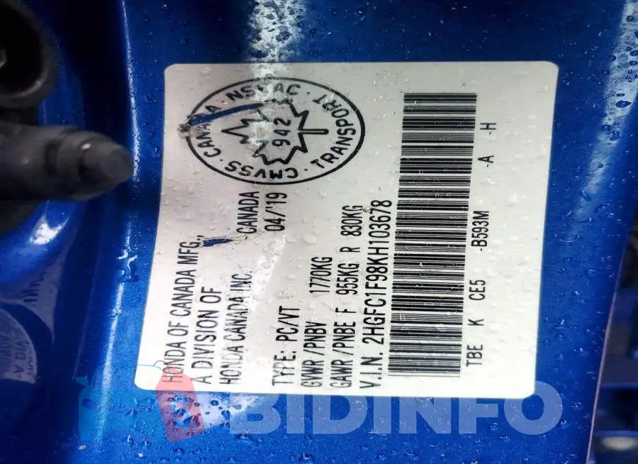 2HGFC1F98KH103678 Photo# 12