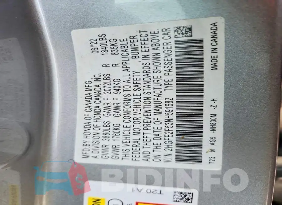 2HGFE2F53NH591682 Photo# 12
